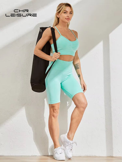 High Waist Push-Up Women's Fitness Short Set - Seamless Two-Piece Matching Outfit