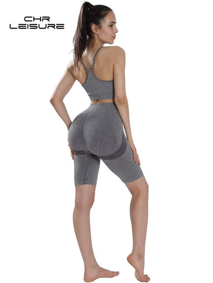 High Waist Push-Up Women's Fitness Short Set - Seamless Two-Piece Matching Outfit